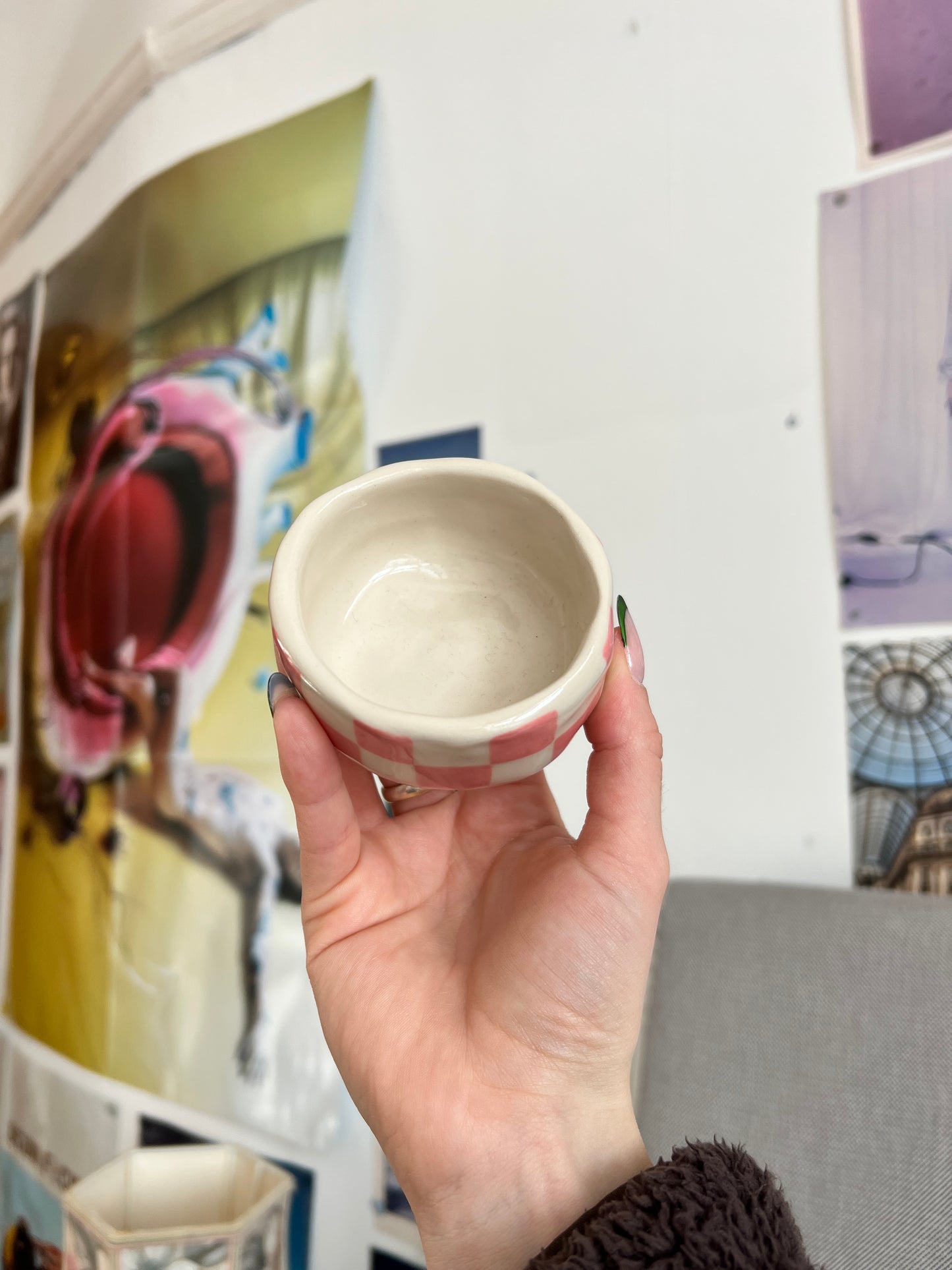 Pink check trinket dish / espresso cup